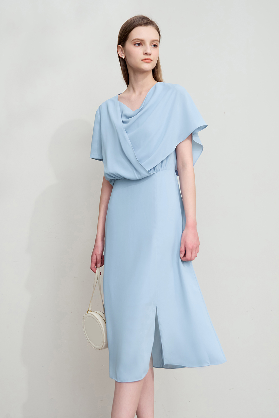 Cowl neck fitted chiffon dress|AMII