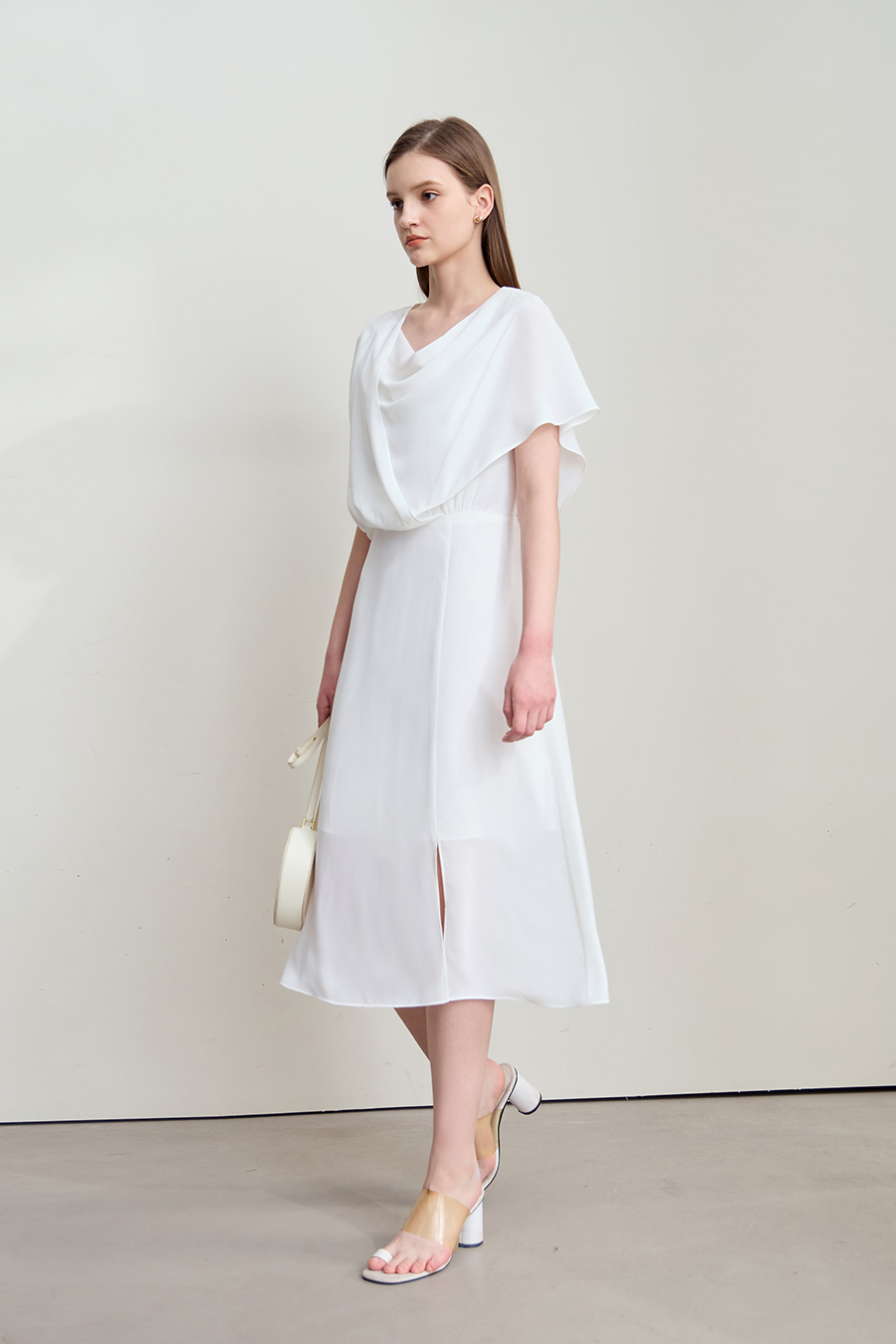 Cowl neck fitted chiffon dress|AMII