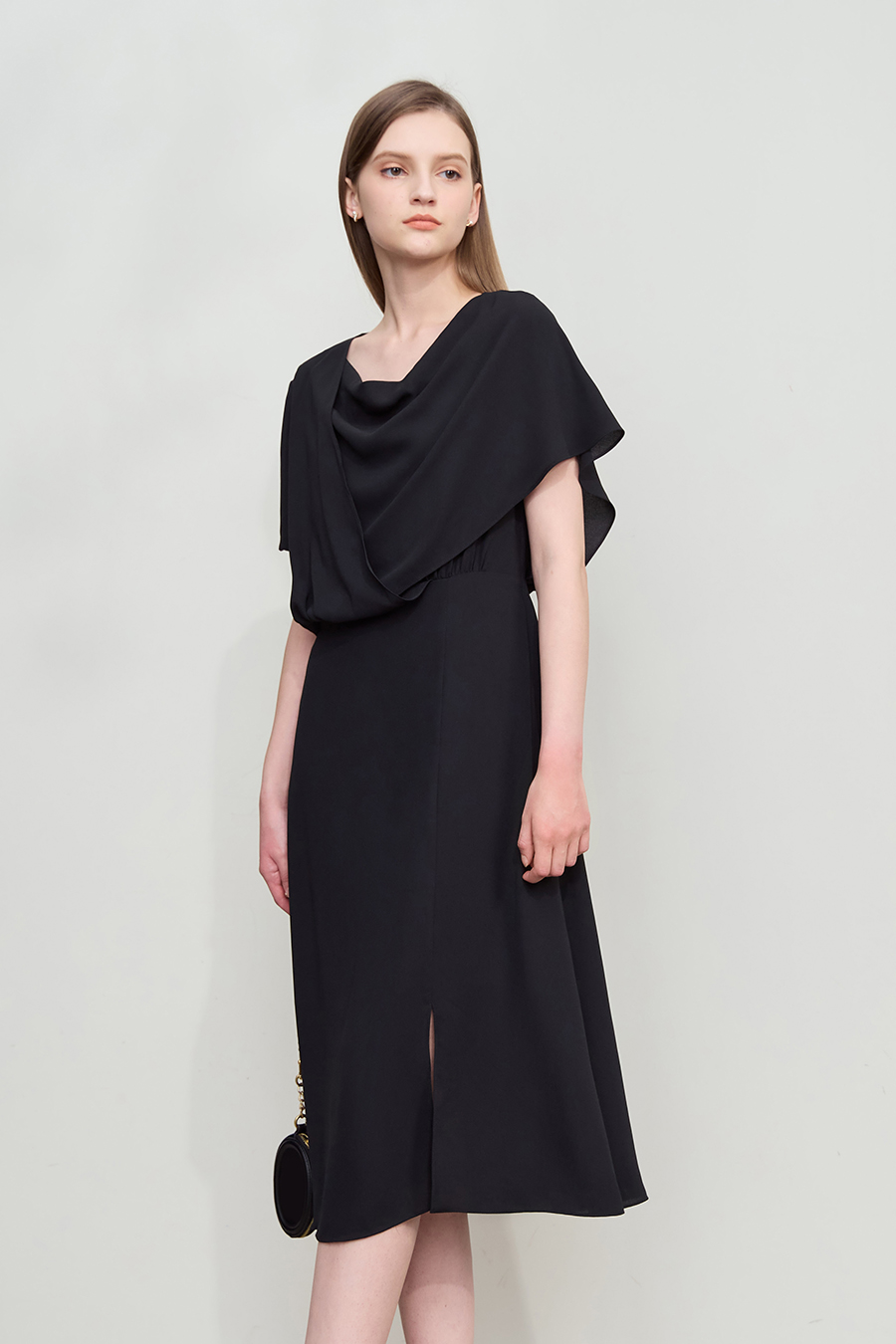 Cowl neck fitted chiffon dress|AMII