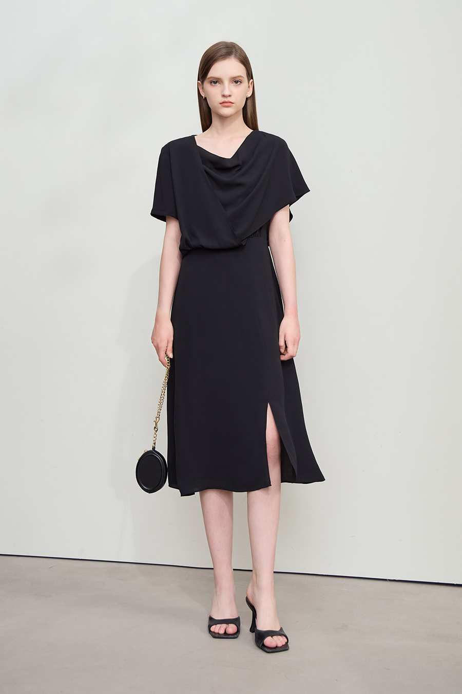 Cowl neck fitted chiffon dress|AMII