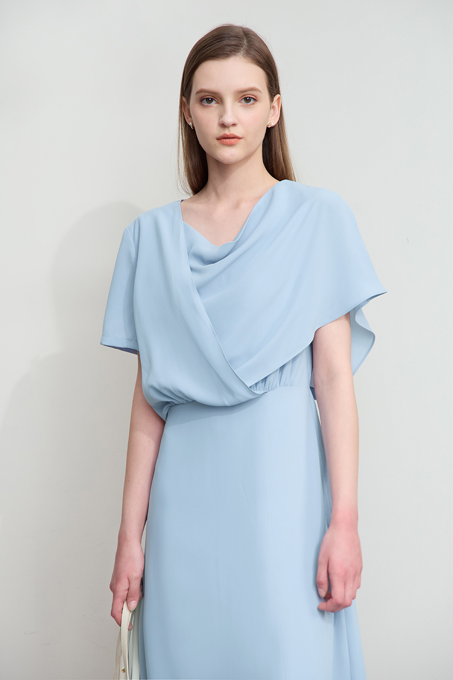 Cowl neck fitted chiffon dress|AMII