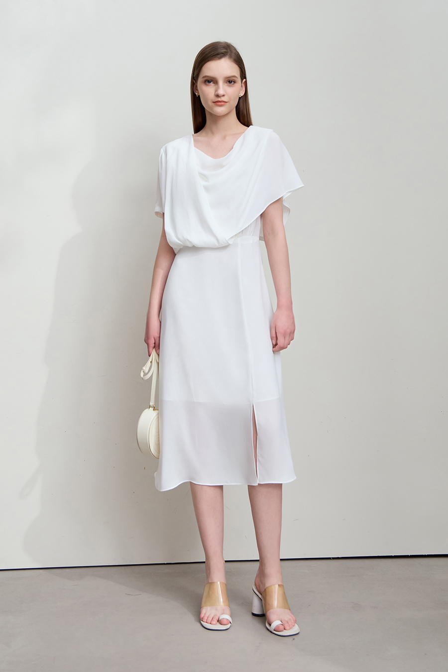 Cowl neck fitted chiffon dress|AMII
