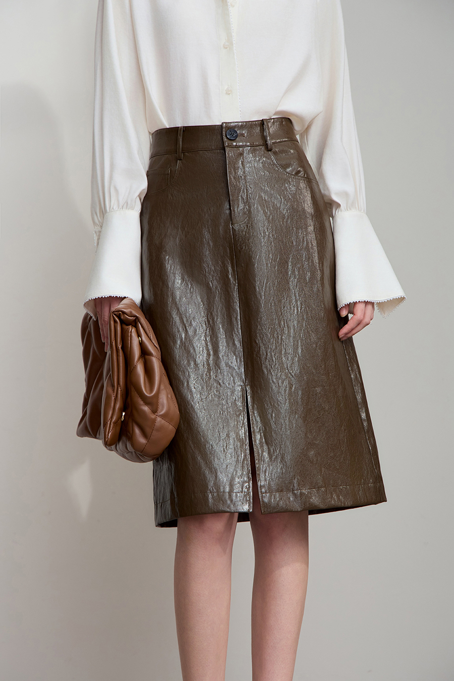 Front Slit PU Skirt|AMII-AMII.com