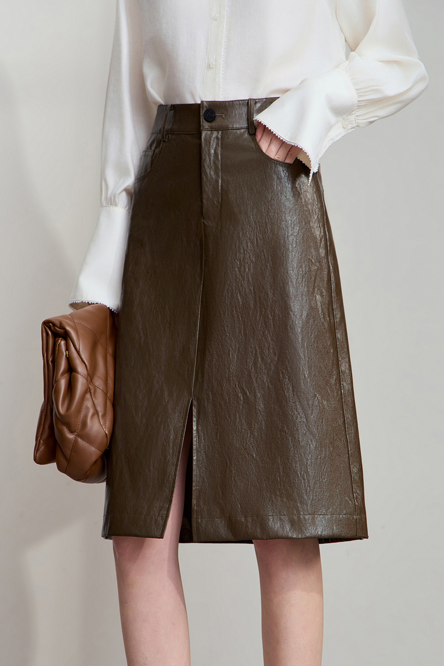 Front Slit PU Skirt|AMII-AMII.com