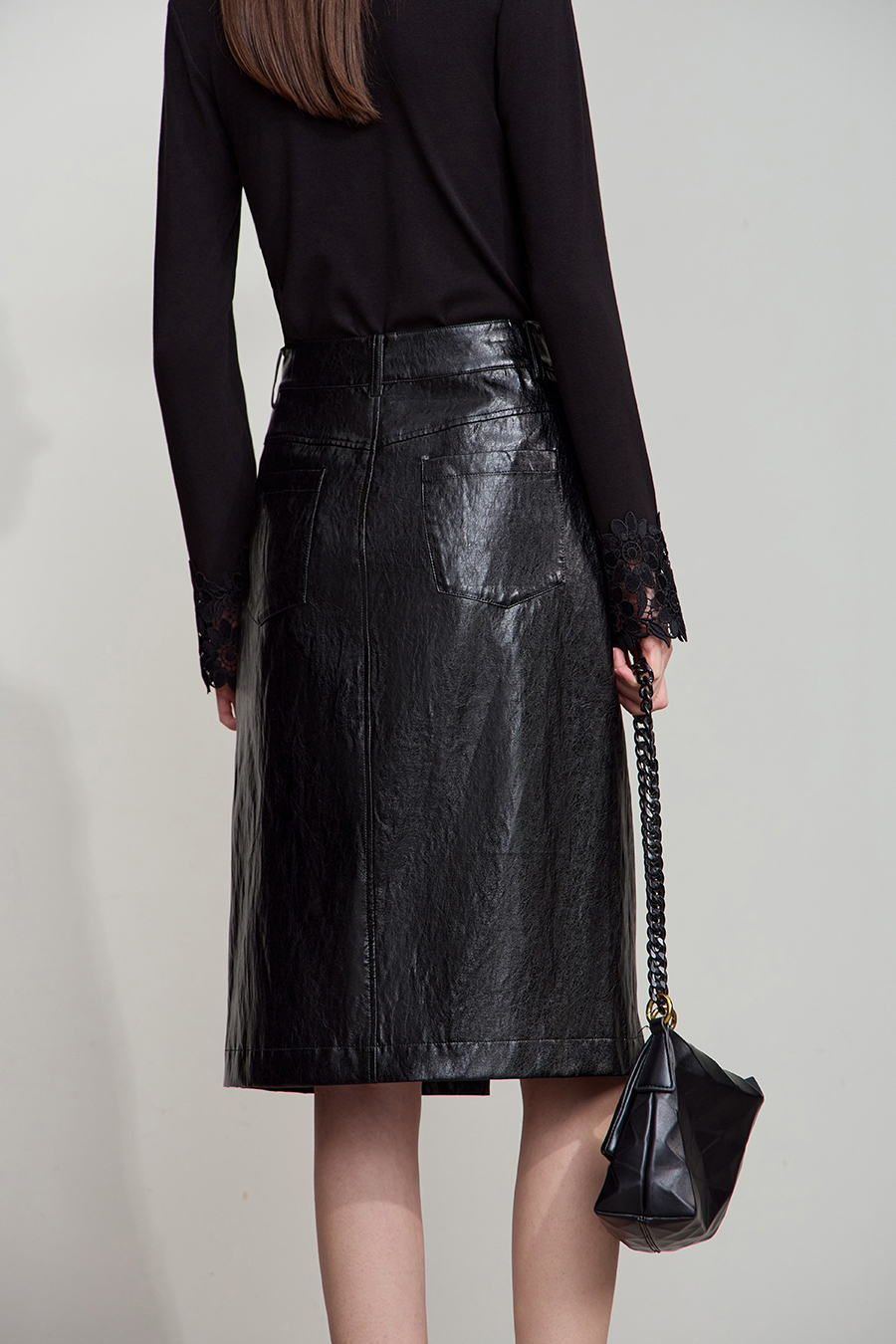 Front Slit PU Skirt|AMII-AMII.com