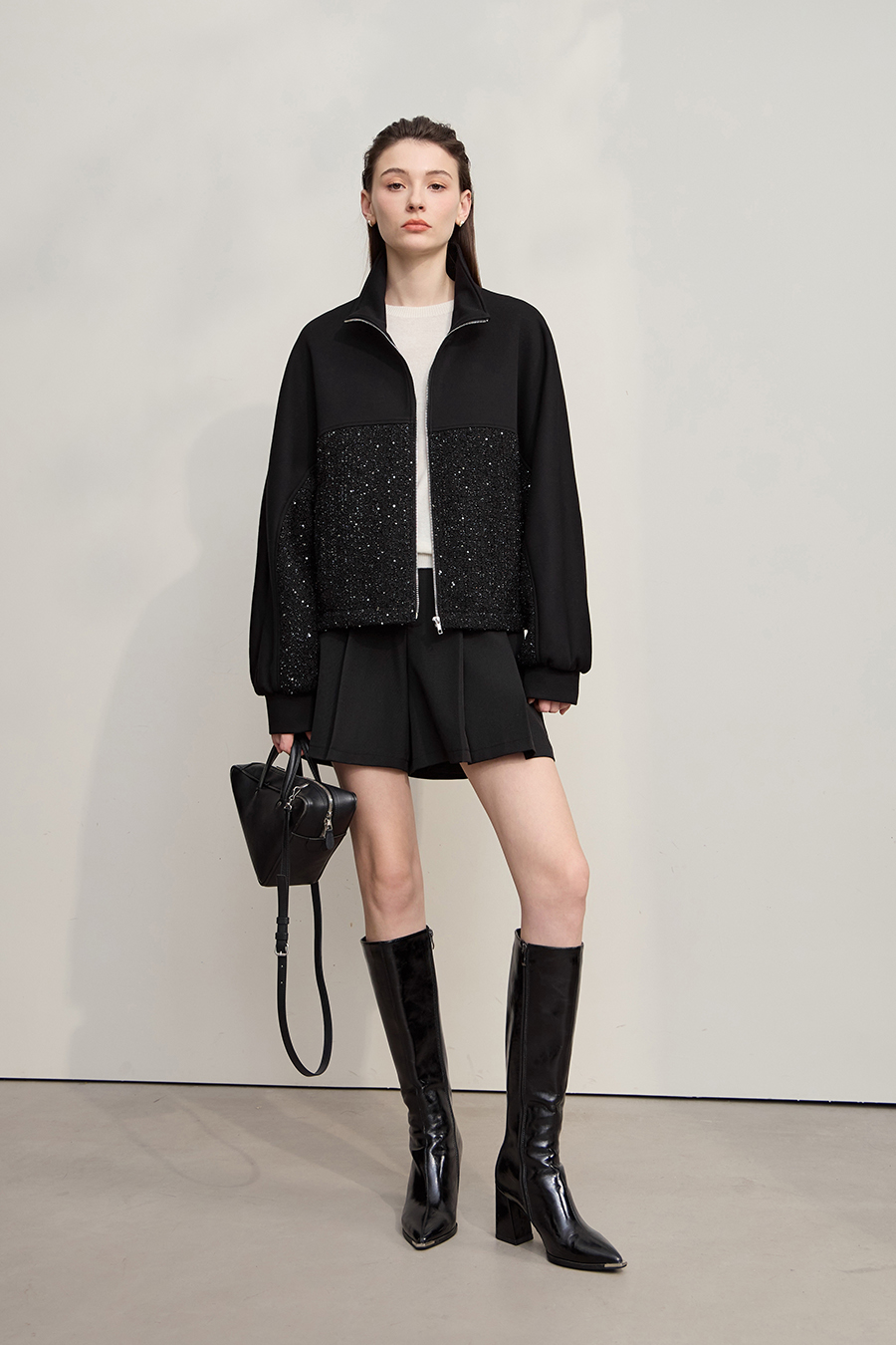 Mixed Material Zip-up Jacket