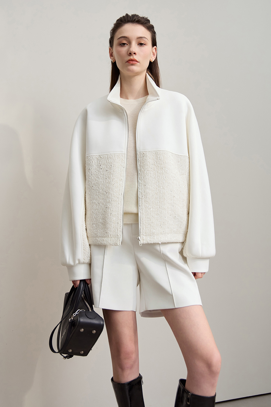 Mixed Material Zip-up Jacket