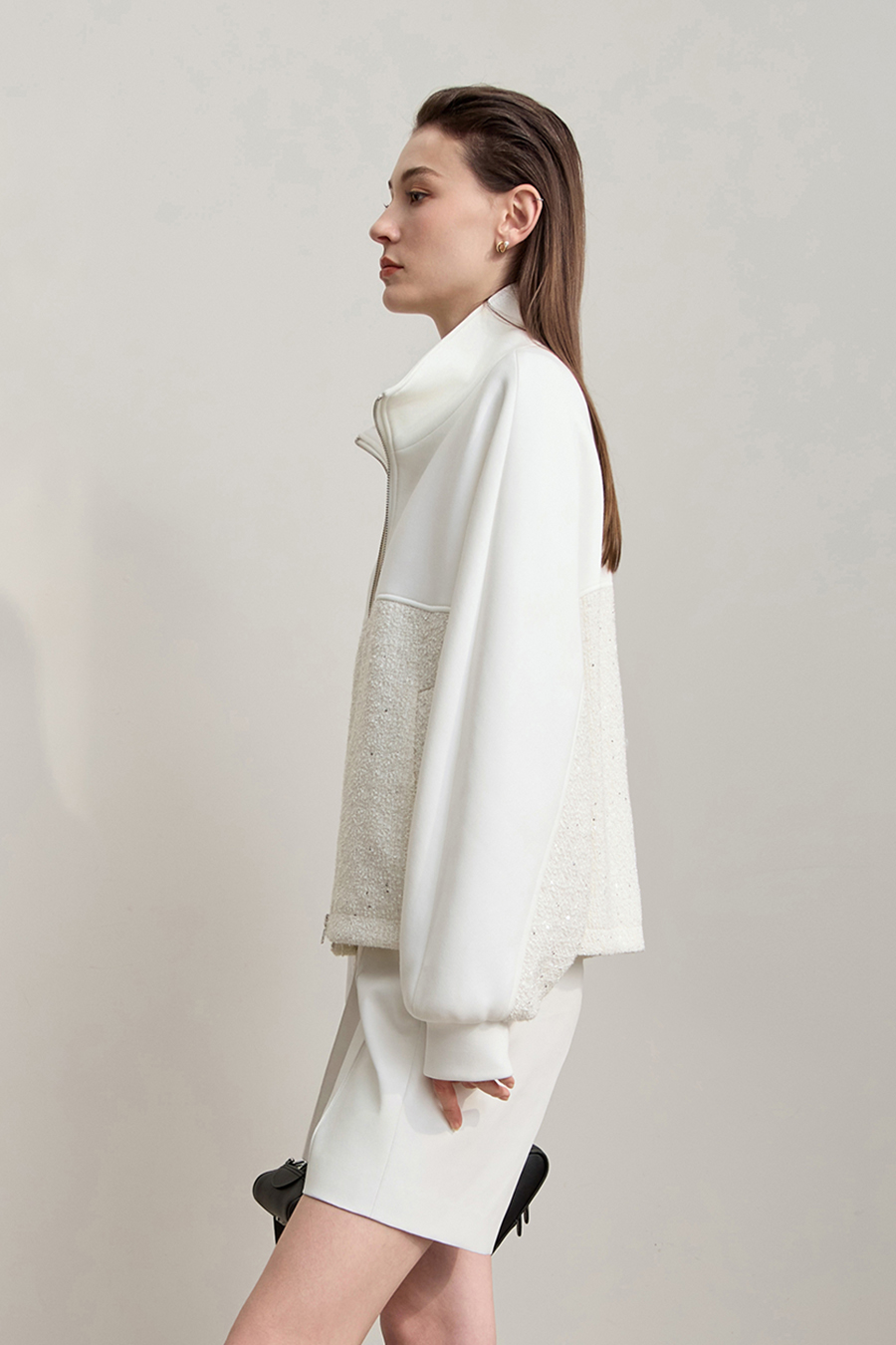 Mixed Material Zip-up Jacket