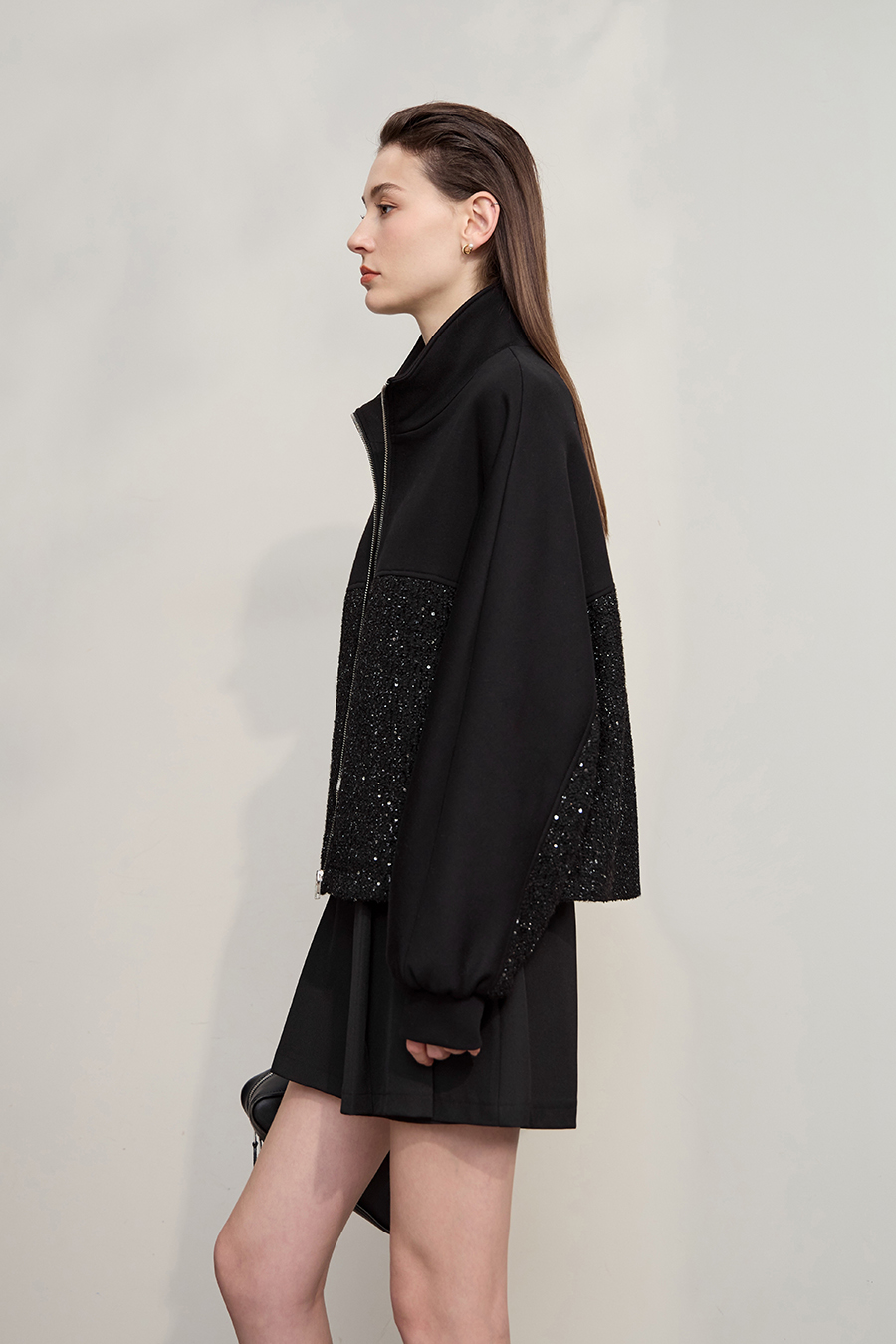 Mixed Material Zip-up Jacket