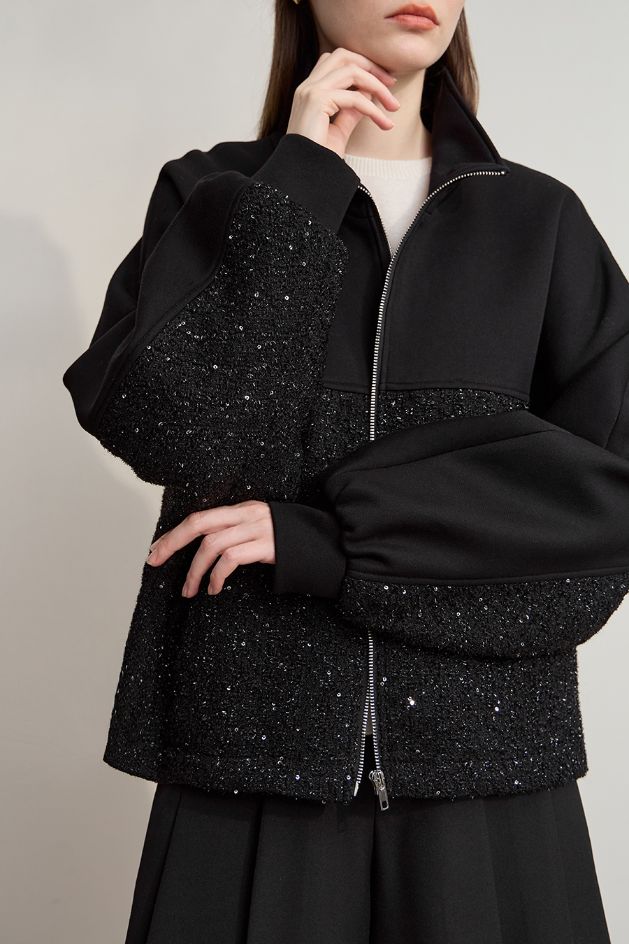 Mixed Material Zip-up Jacket