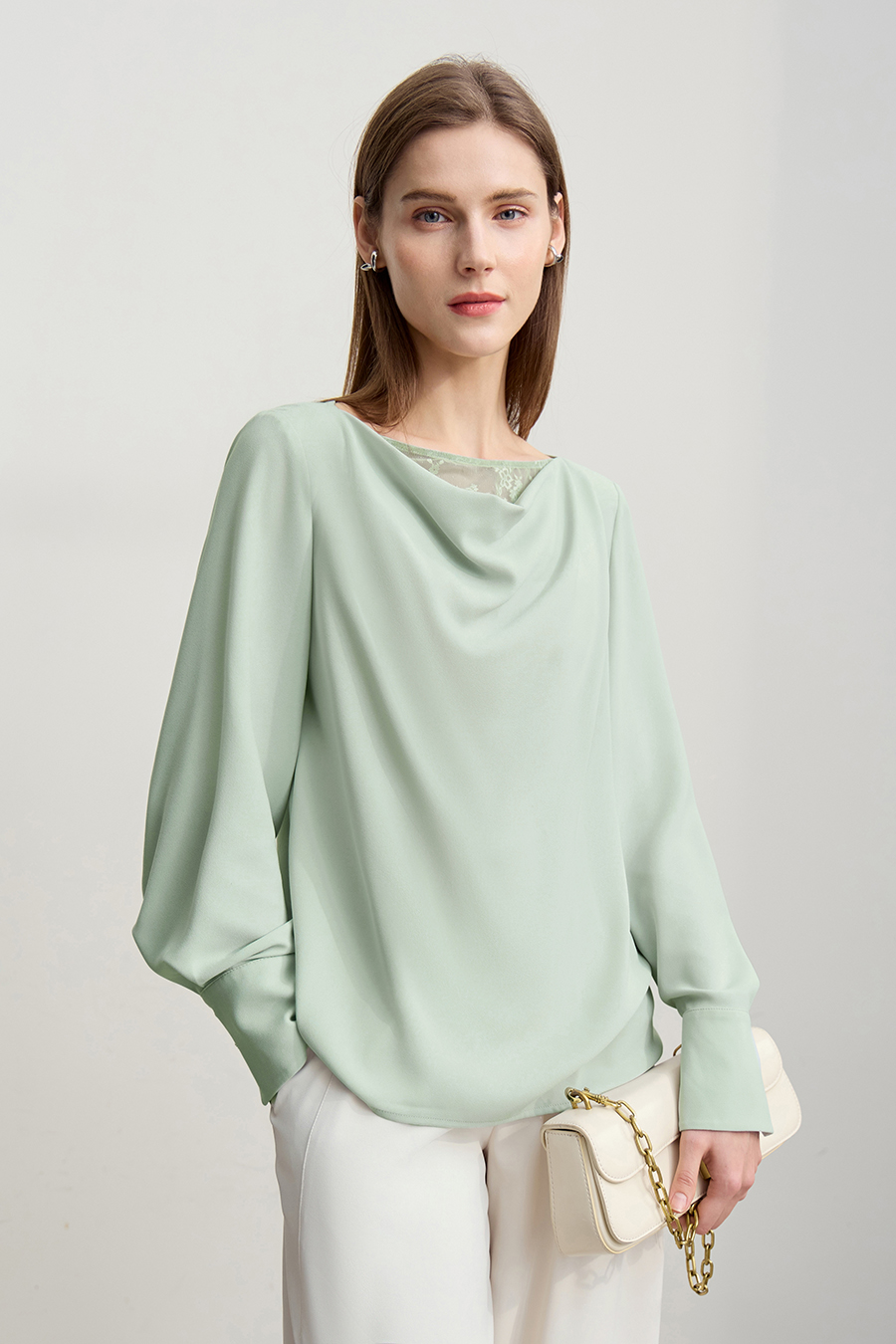 Lace Patchwork Cowl Neck Chiffon Blouse|AMII-AMII.com