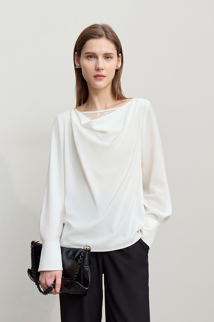 Lace Patchwork Cowl Neck Chiffon Blouse|AMII-AMII.com