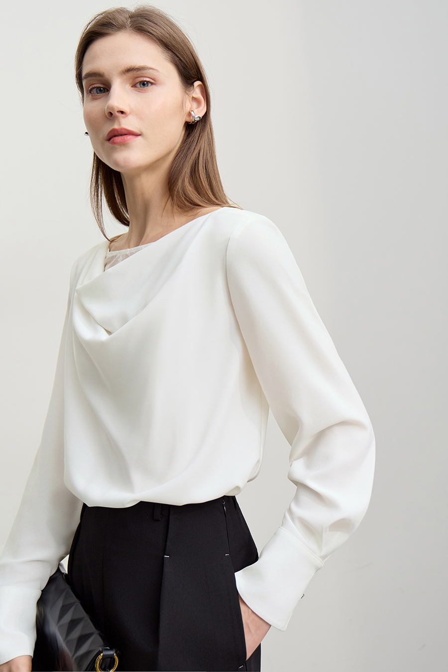 Lace Patchwork Cowl Neck Chiffon Blouse|AMII-AMII.com