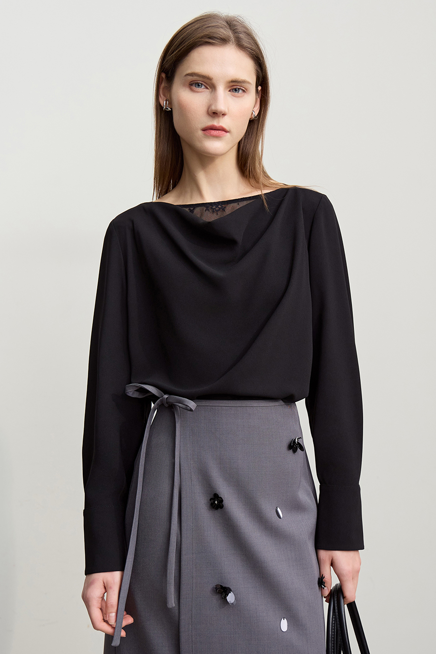 Lace Patchwork Cowl Neck Chiffon Blouse|AMII-AMII.com