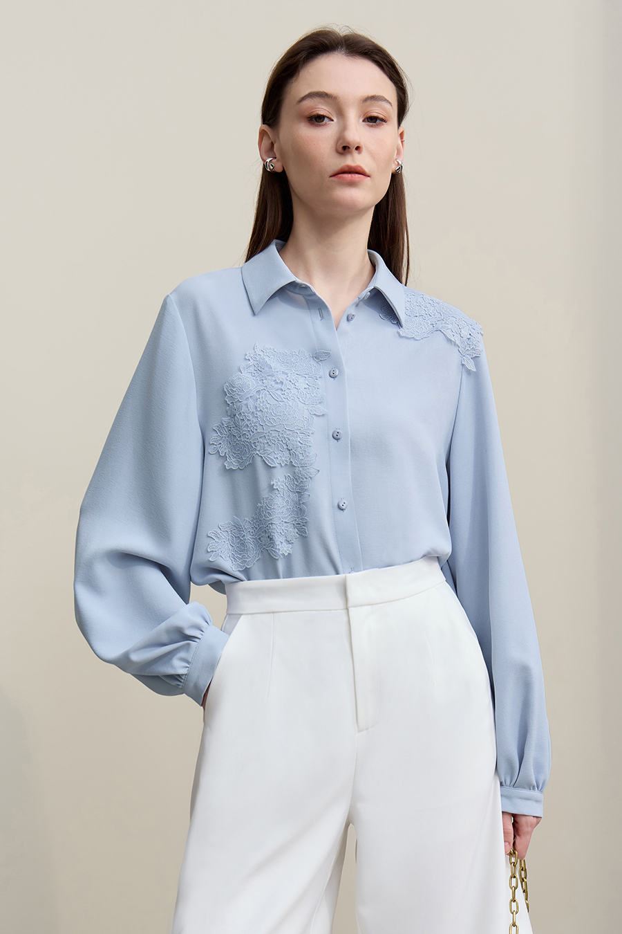 Lapel Lace Spliced Chiffon Top