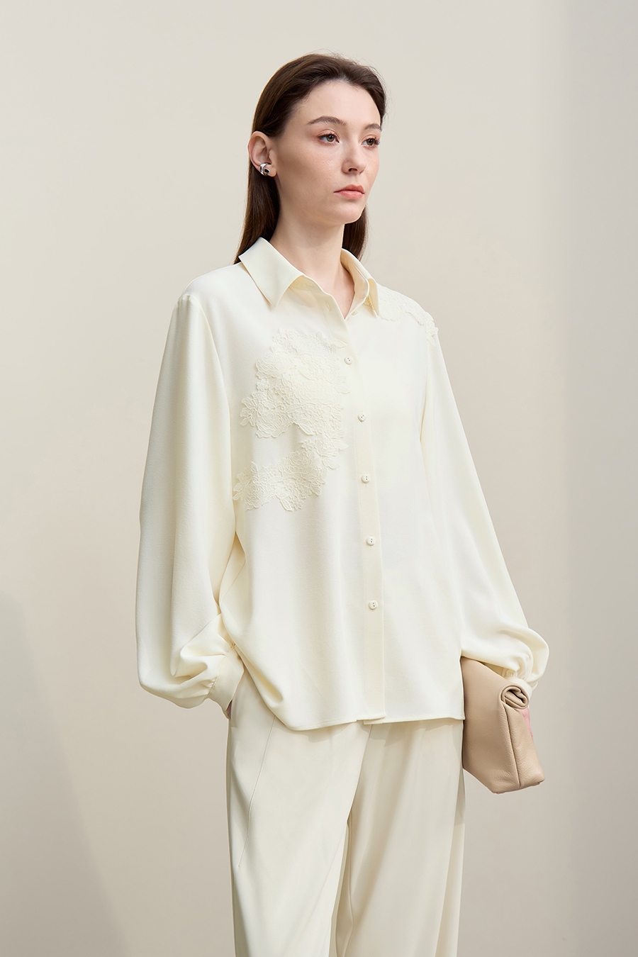 Lapel Lace Spliced Chiffon Top