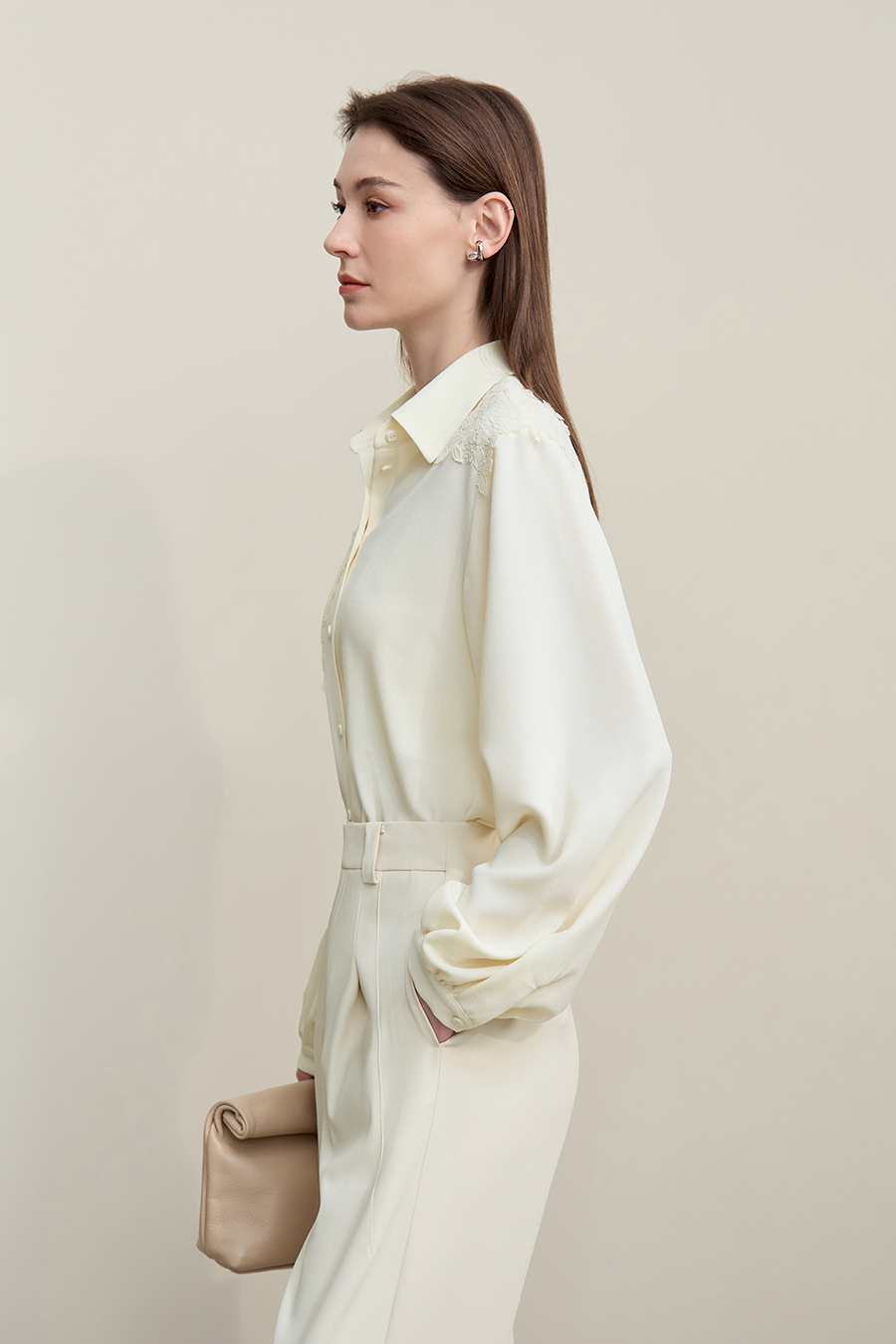 Lapel Lace Spliced Chiffon Top