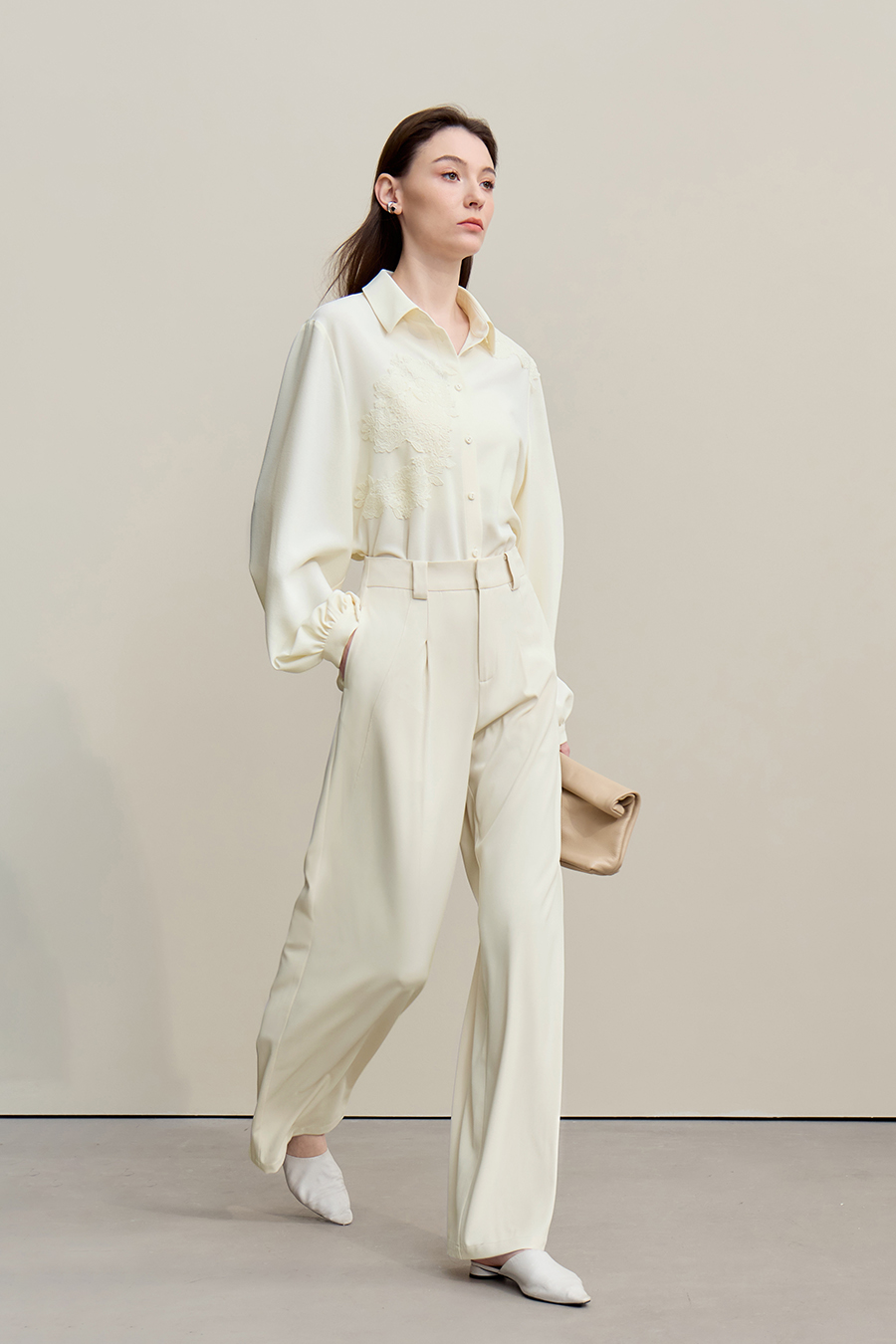 Lapel Lace Spliced Chiffon Top