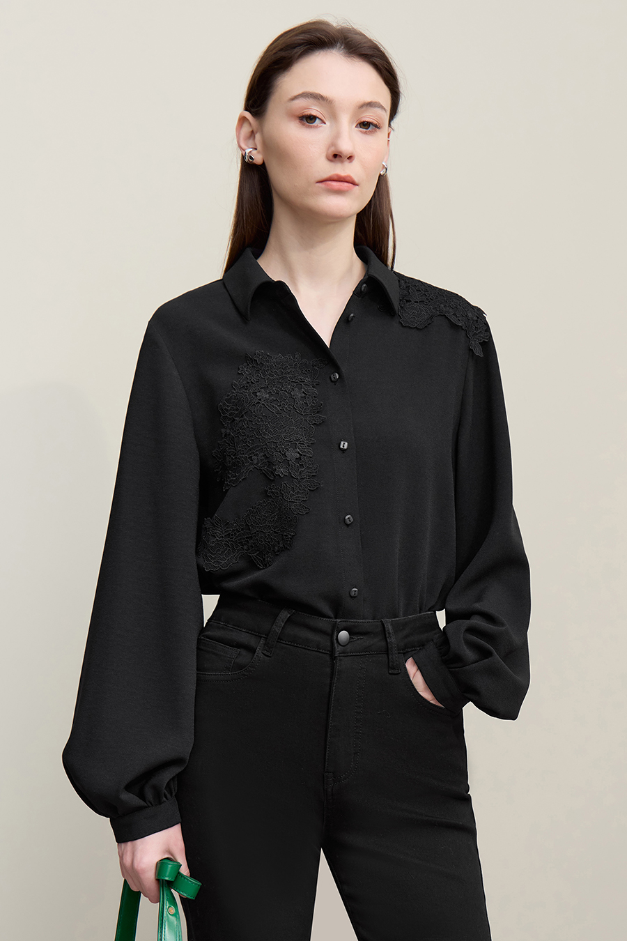 Lapel Lace Spliced Chiffon Top