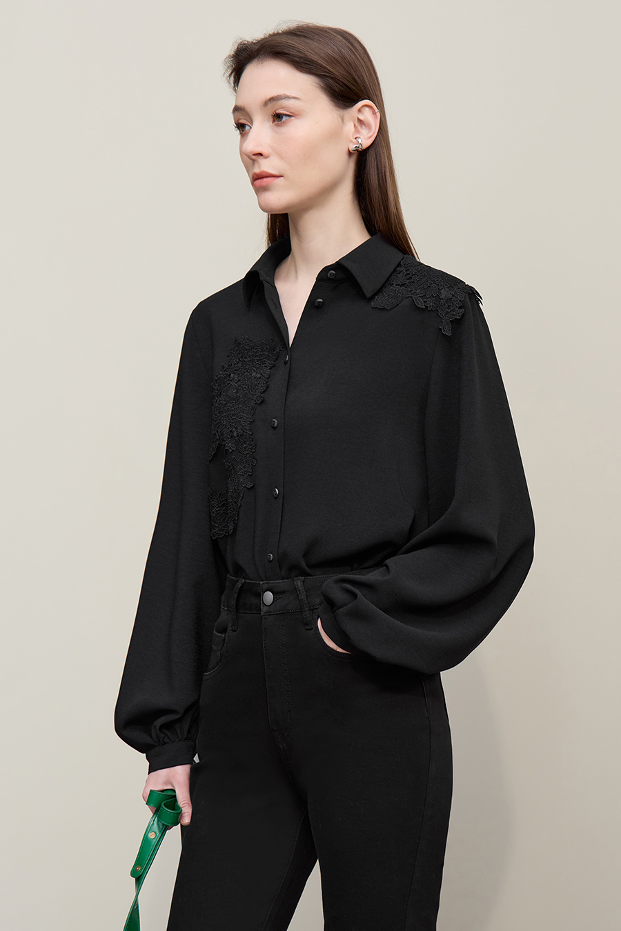 Lapel Lace Spliced Chiffon Top