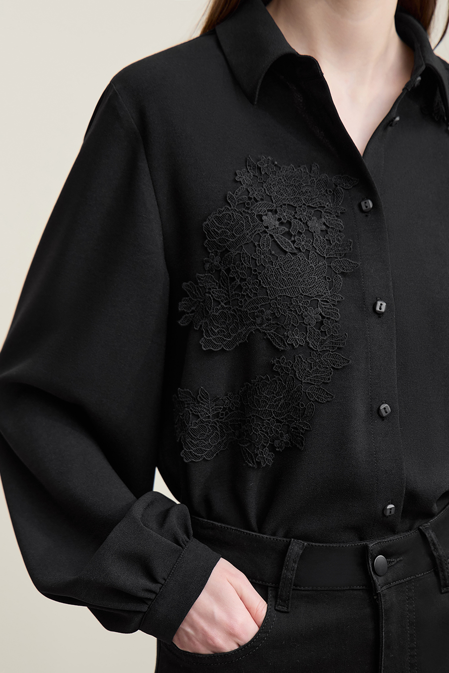 Lapel Lace Spliced Chiffon Top