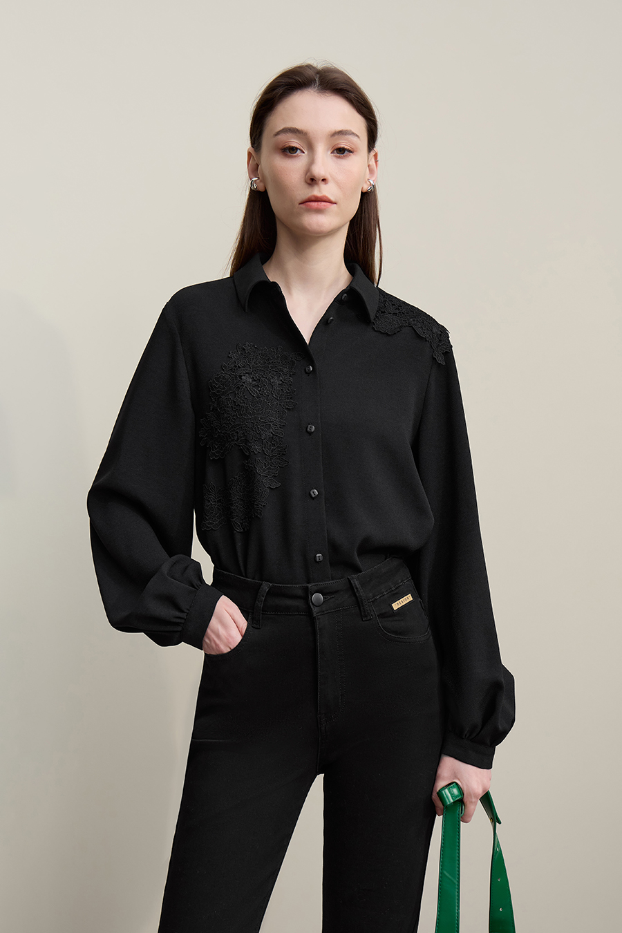 Lapel Lace Spliced Chiffon Top