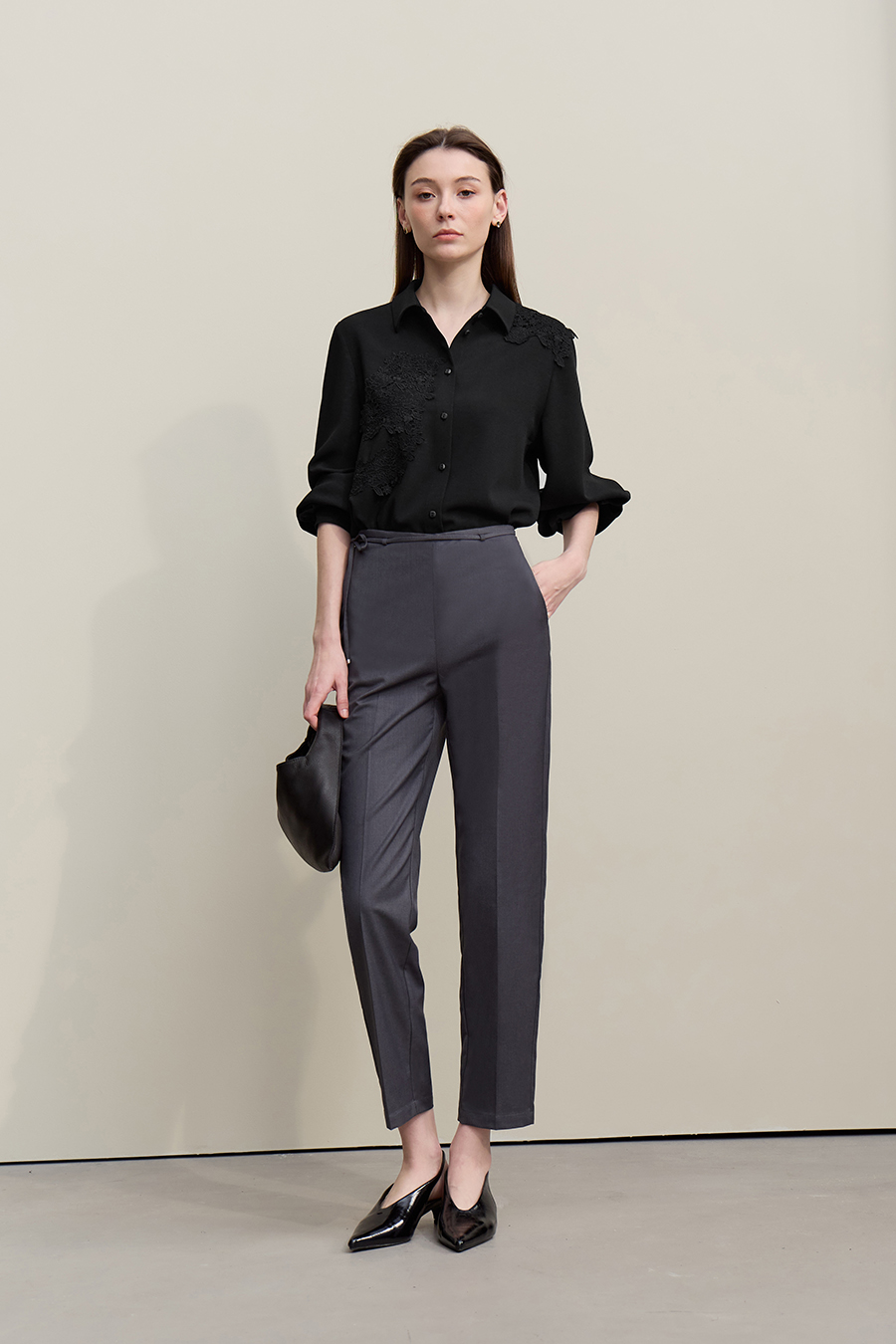 Lapel Lace Spliced Chiffon Top