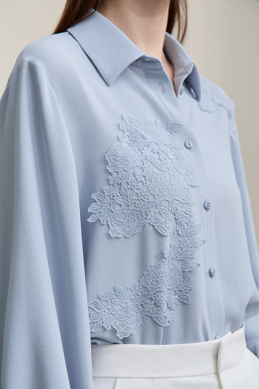 Lapel Lace Spliced Chiffon Top