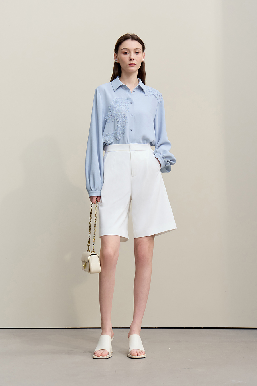 Lapel Lace Spliced Chiffon Top