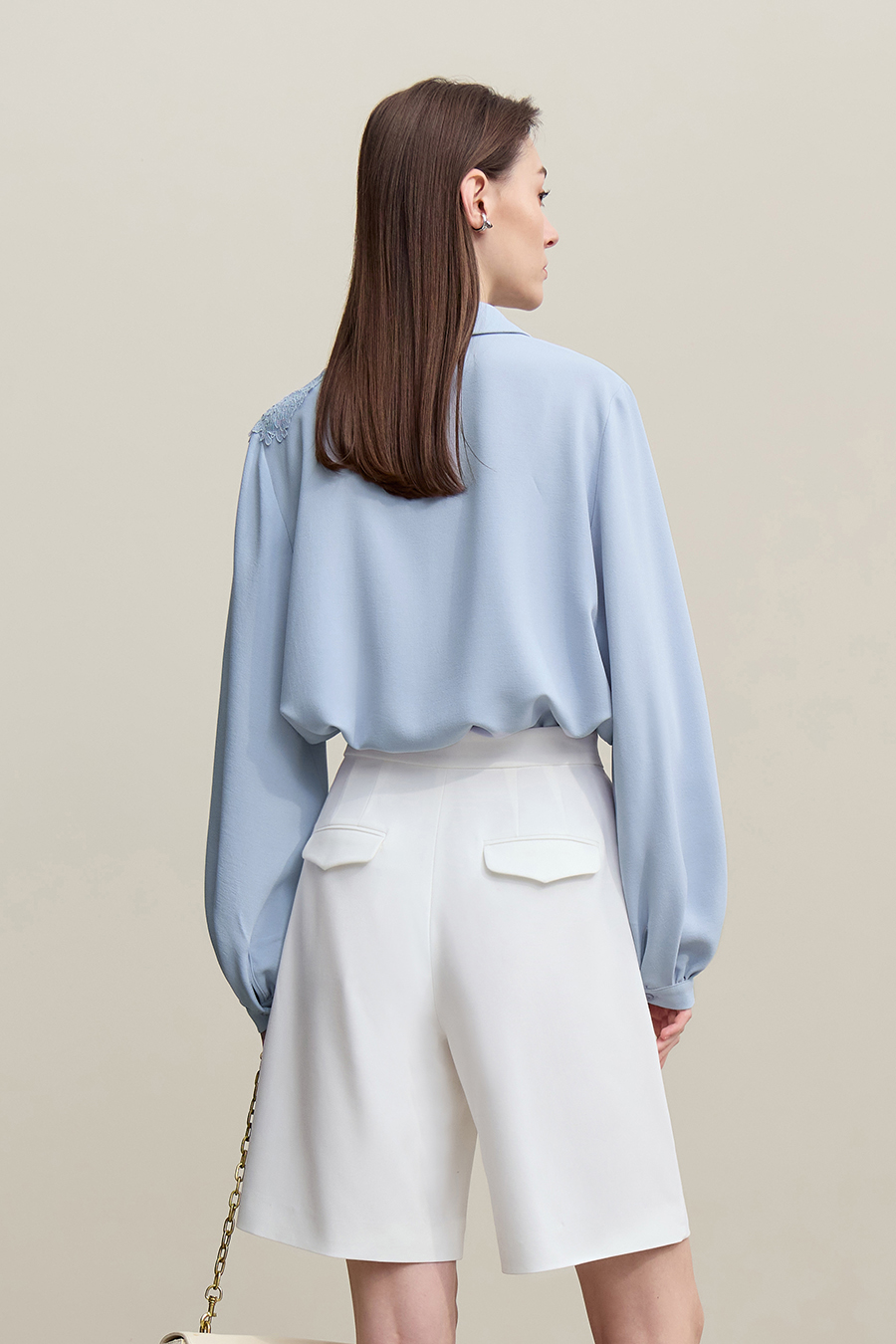 Lapel Lace Spliced Chiffon Top