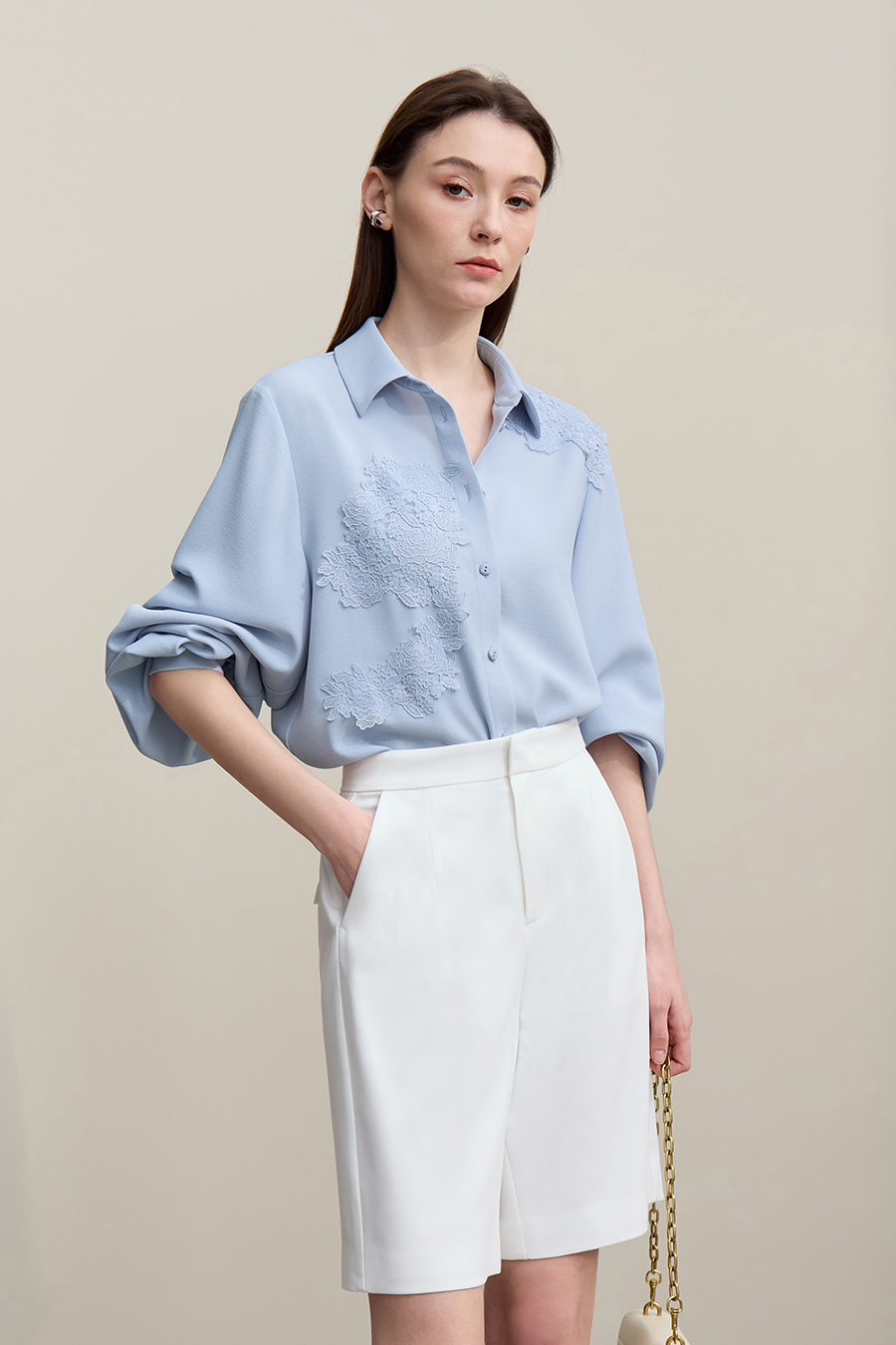 Lapel Lace Spliced Chiffon Top