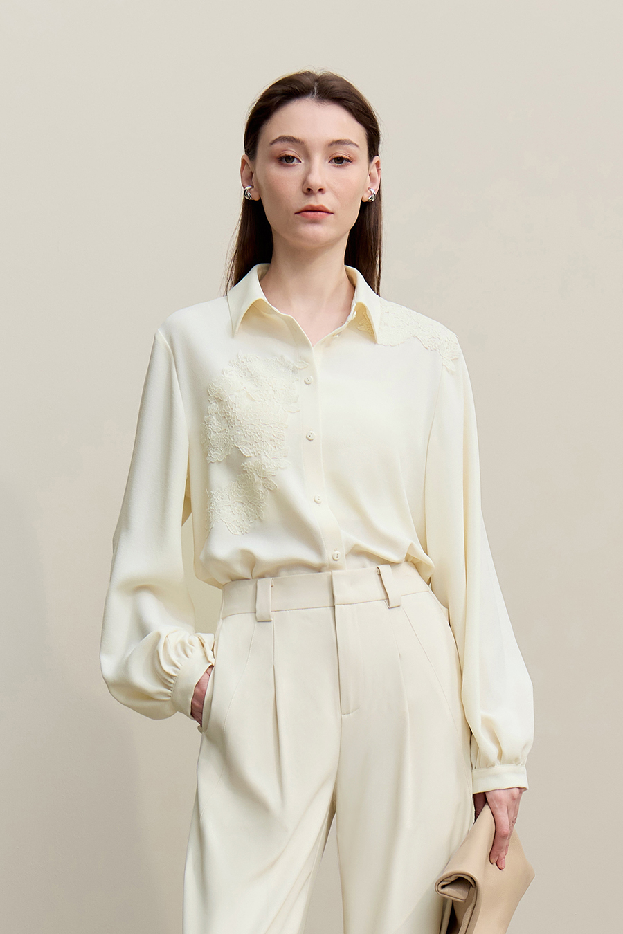 Lapel Lace Spliced Chiffon Top