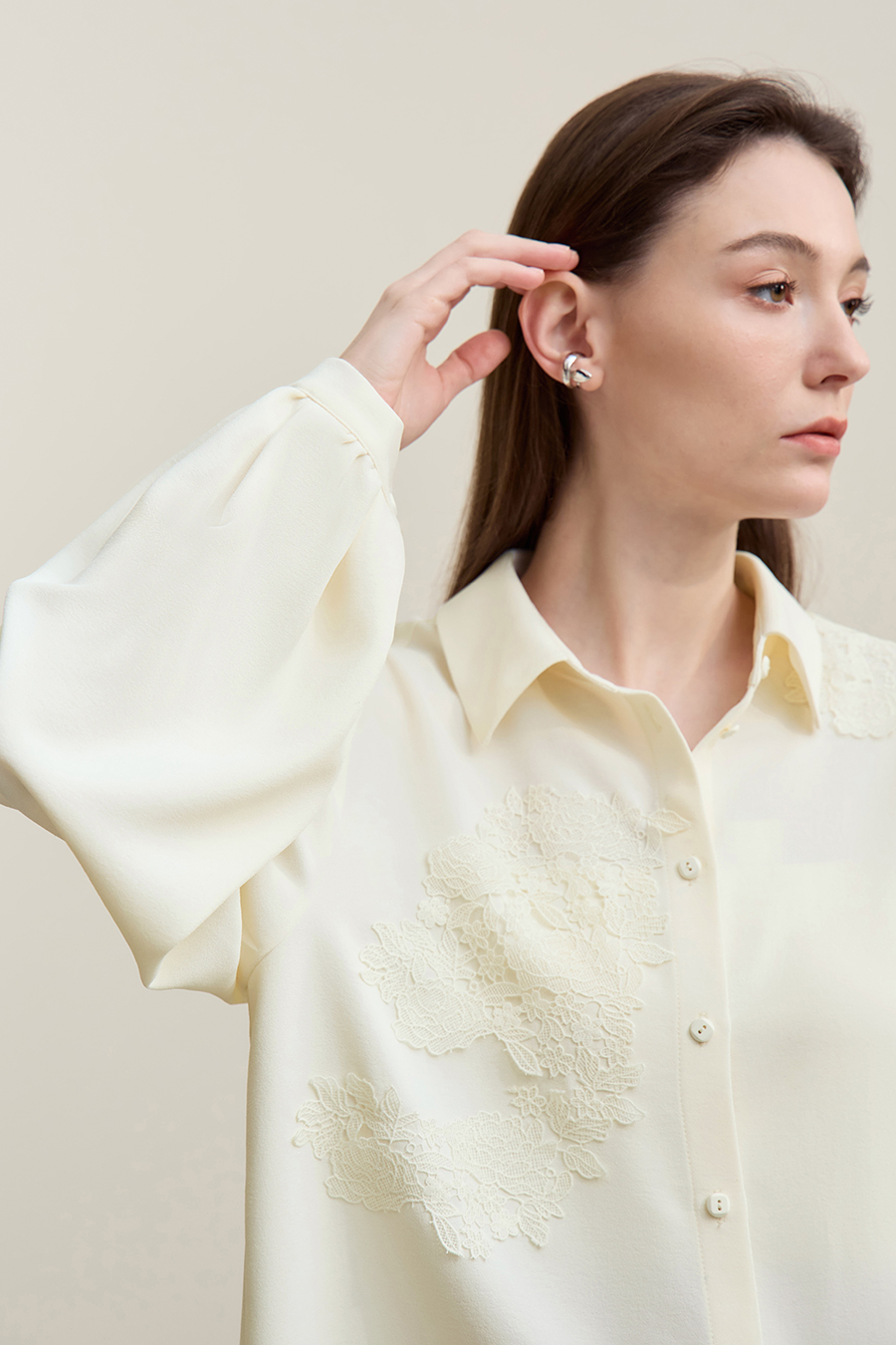 Lapel Lace Spliced Chiffon Top