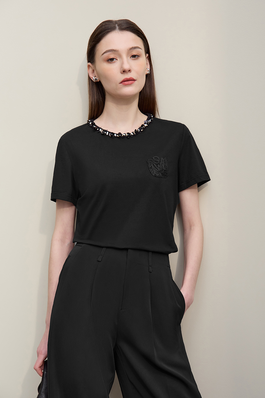 Tweed Style Webbing Short Sleeve T-shirt|AMII