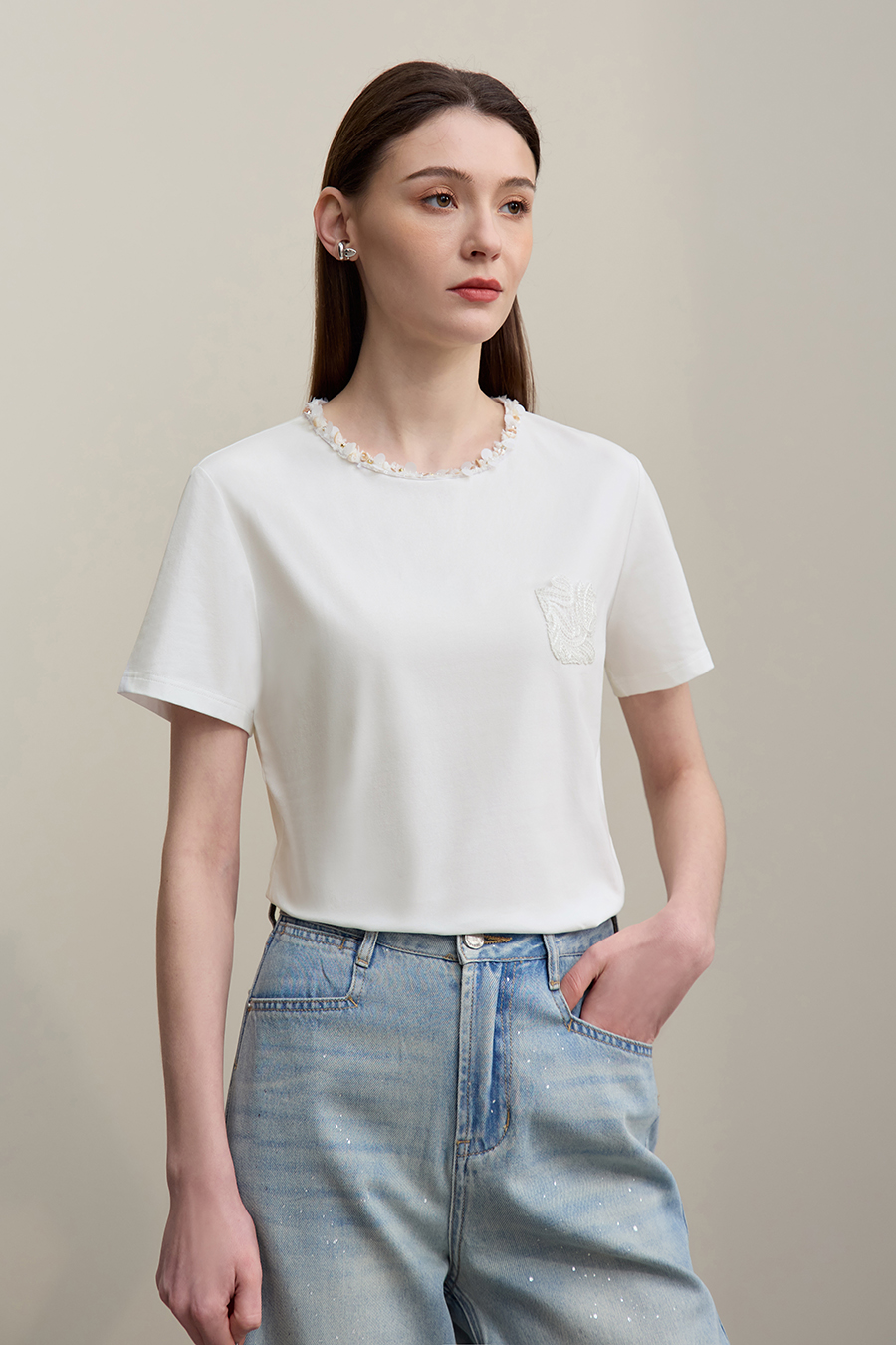 Tweed Style Webbing Short Sleeve T-shirt|AMII