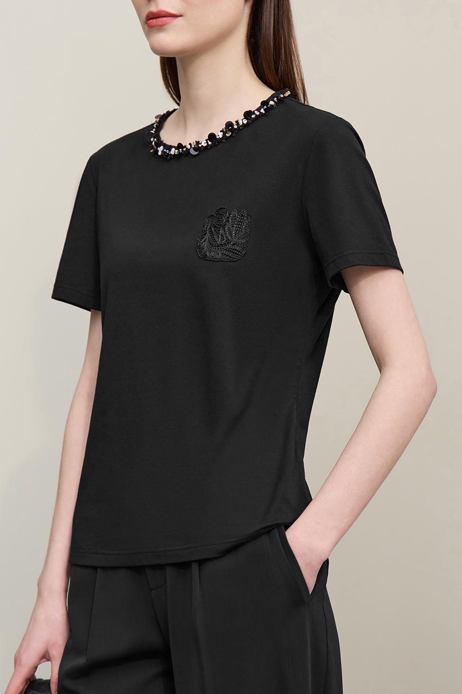 Tweed Style Webbing Short Sleeve T-shirt|AMII