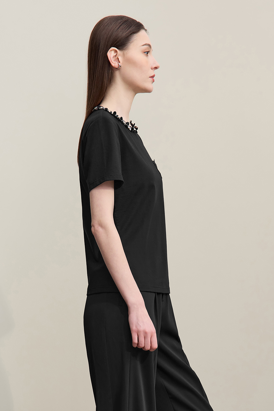 Tweed Style Webbing Short Sleeve T-shirt|AMII