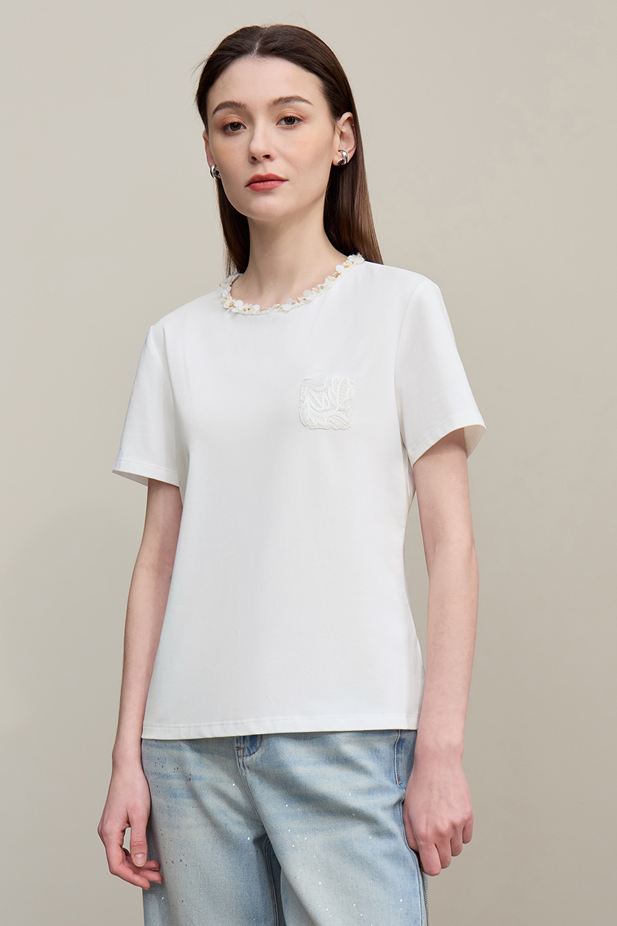 Tweed Style Webbing Short Sleeve T-shirt|AMII