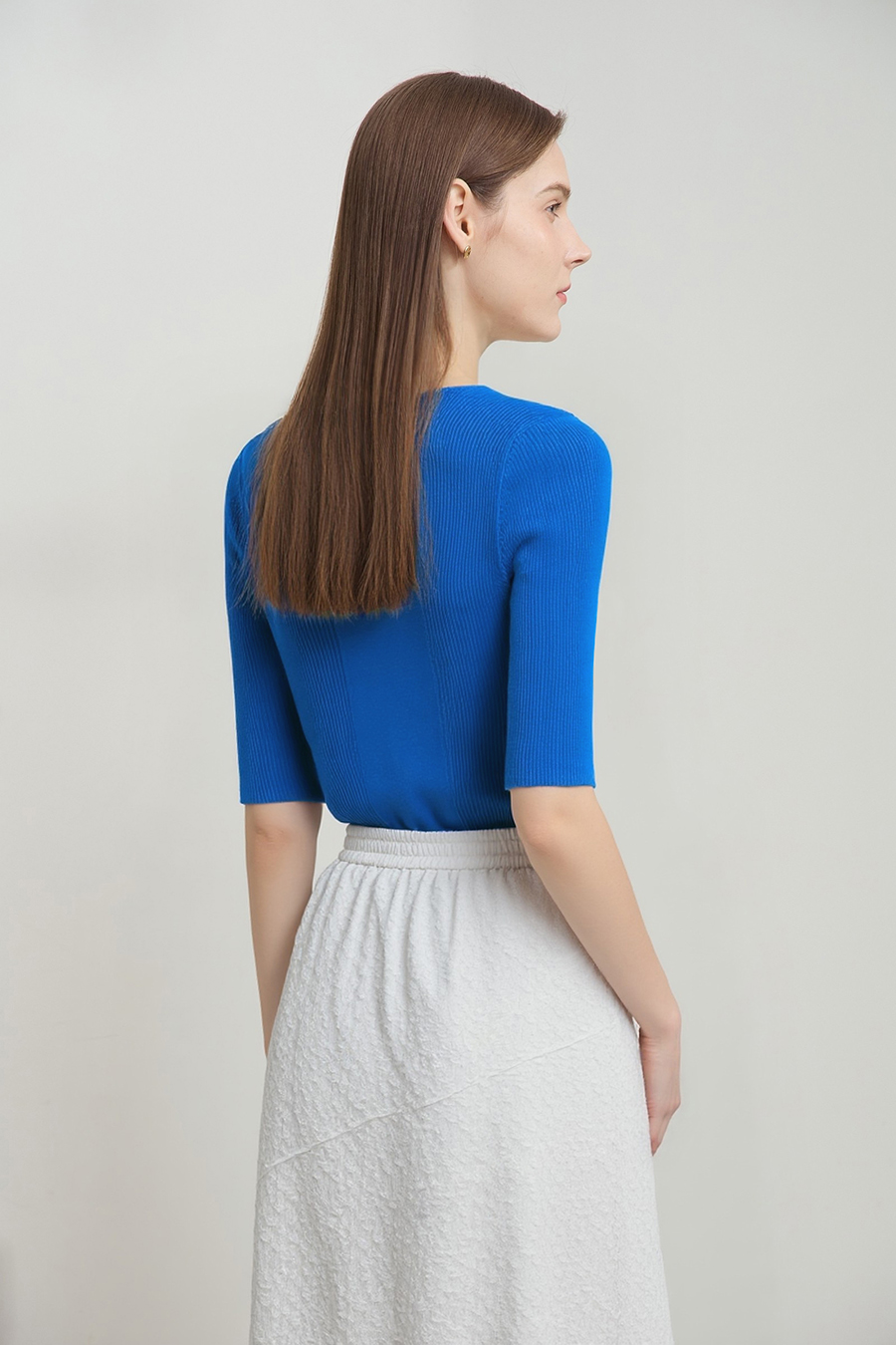 Square Neck Three-quarter Sleeve Knit Sweater|AMII