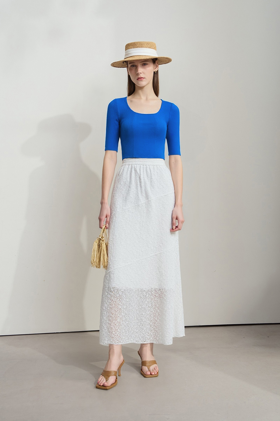Square Neck Three-quarter Sleeve Knit Sweater|AMII