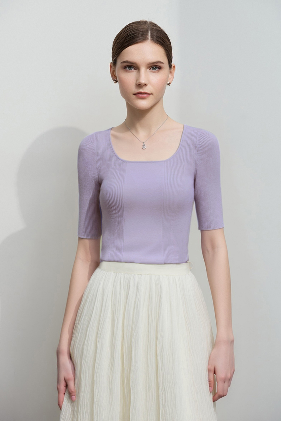 Square Neck Three-quarter Sleeve Knit Sweater|AMII
