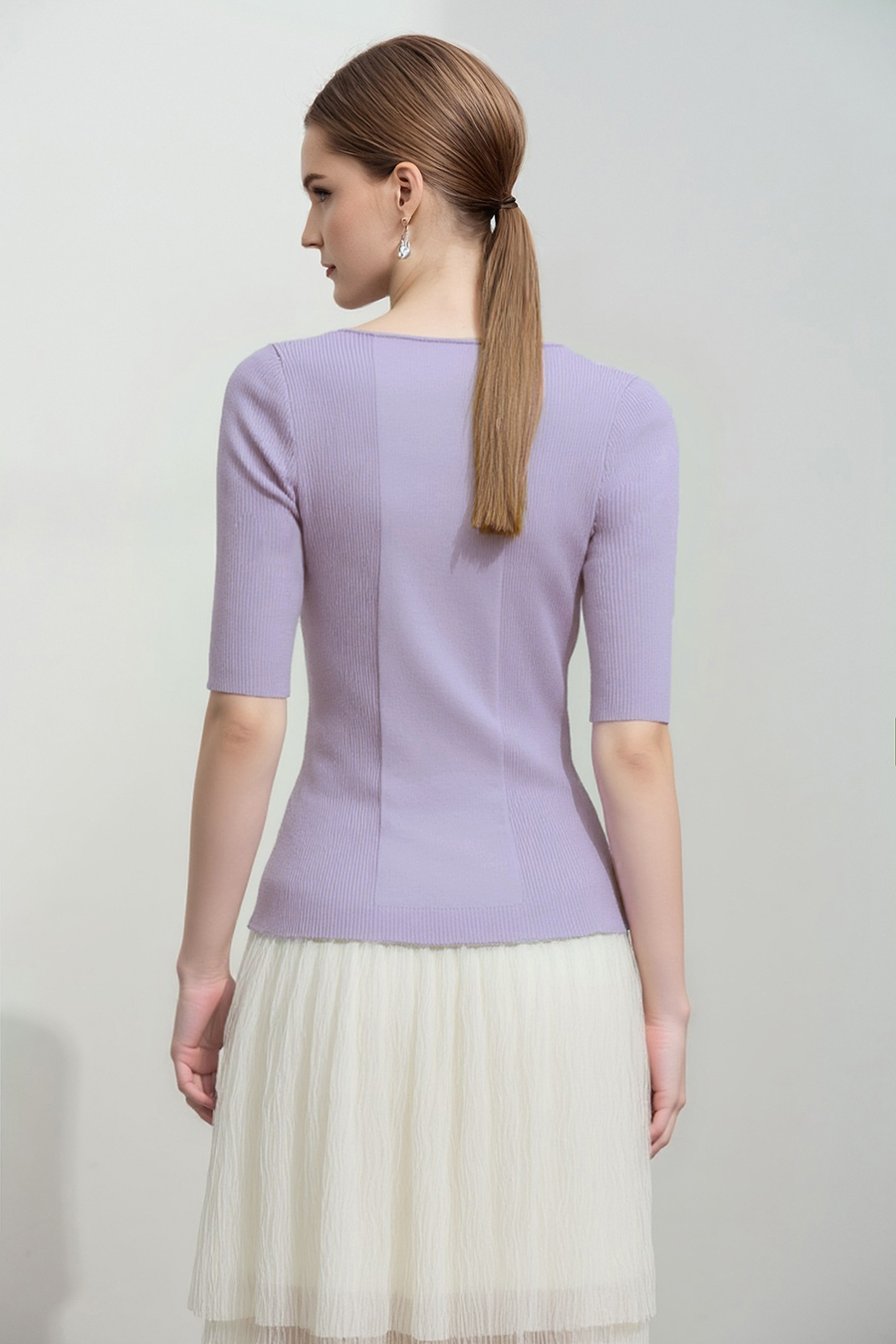Square Neck Three-quarter Sleeve Knit Sweater|AMII