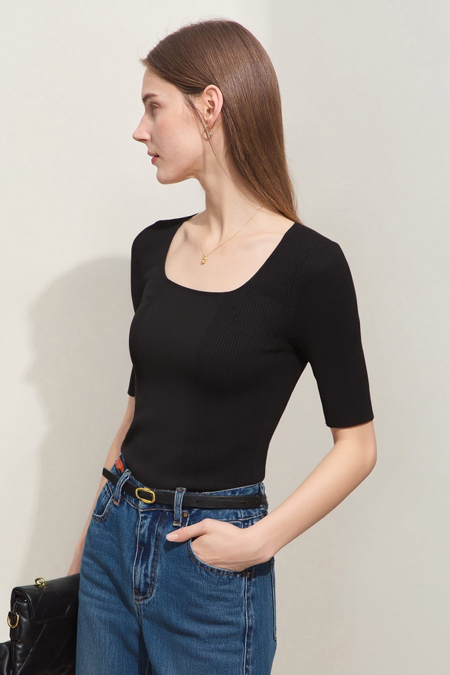 Square Neck Three-quarter Sleeve Knit Sweater|AMII