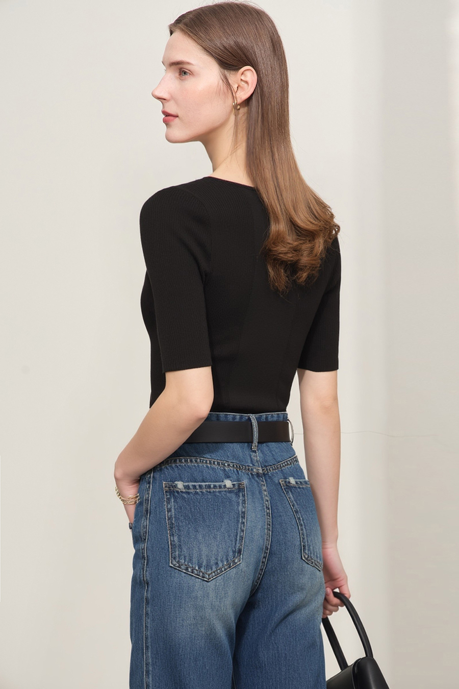 Square Neck Three-quarter Sleeve Knit Sweater|AMII