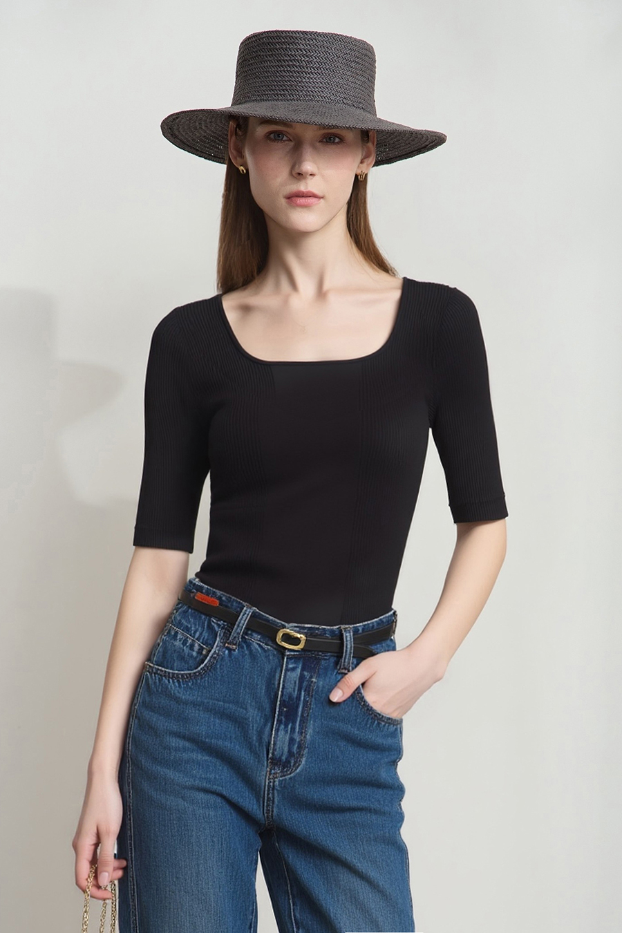 Square Neck Three-quarter Sleeve Knit Sweater|AMII