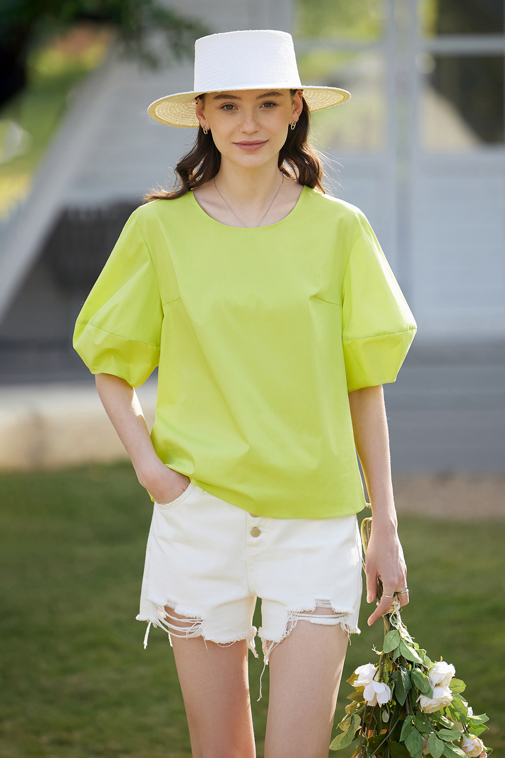 Round Neck Lantern Sleeve Shirt