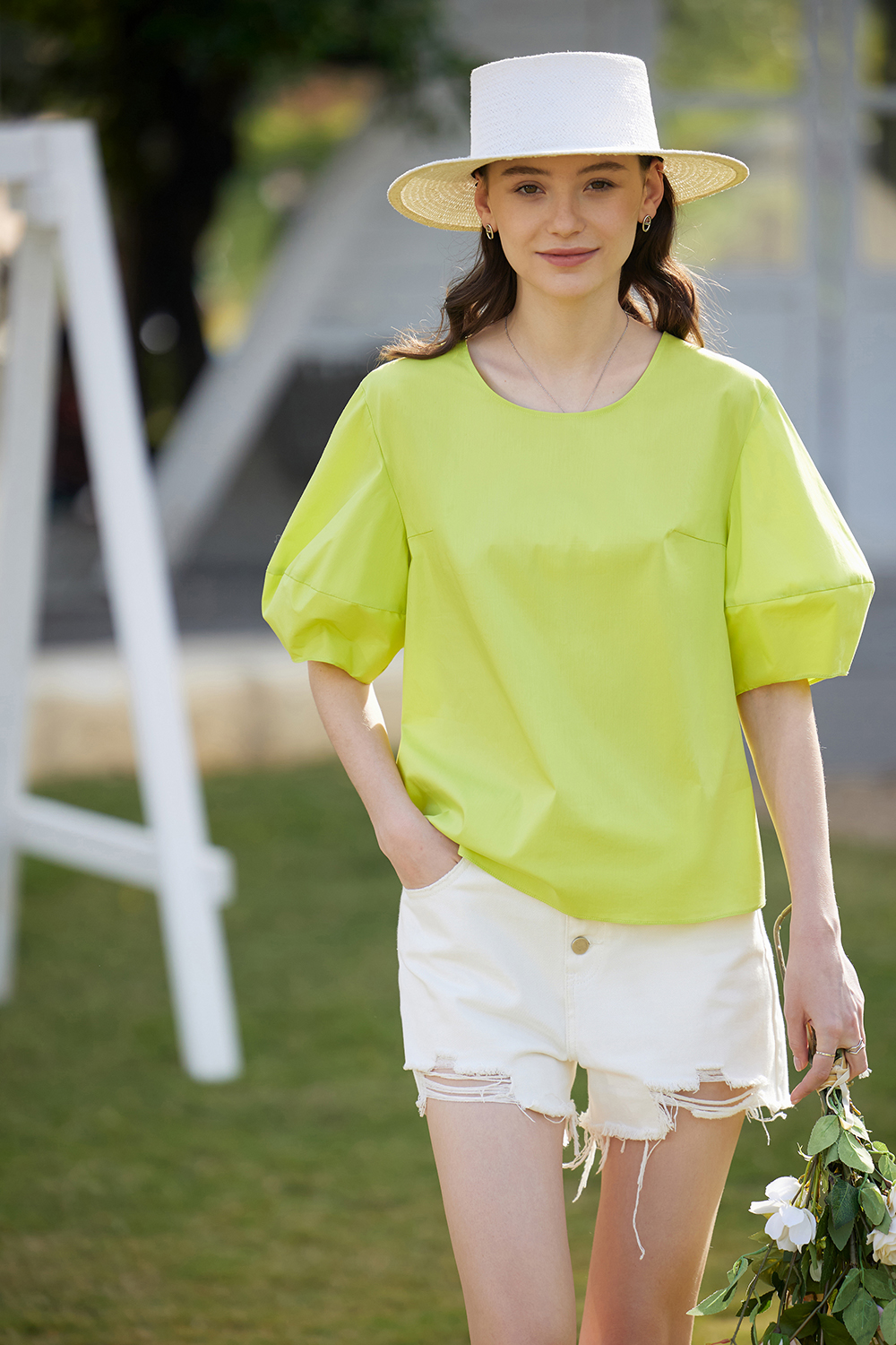 Round Neck Lantern Sleeve Shirt