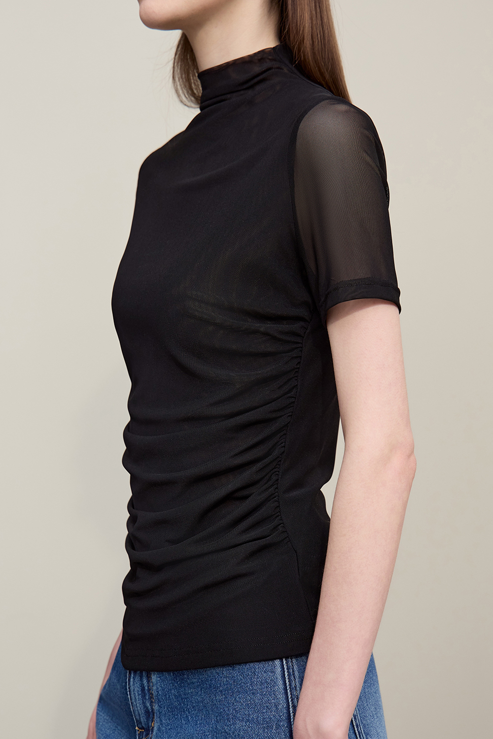Mock Neck Mesh T-Shirt|AMII