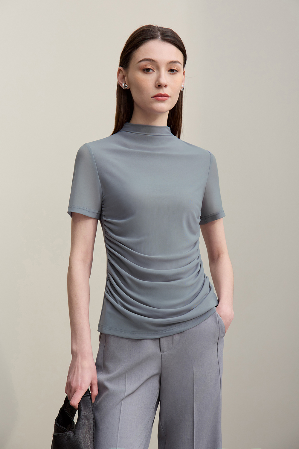 Mock Neck Mesh T-Shirt|AMII
