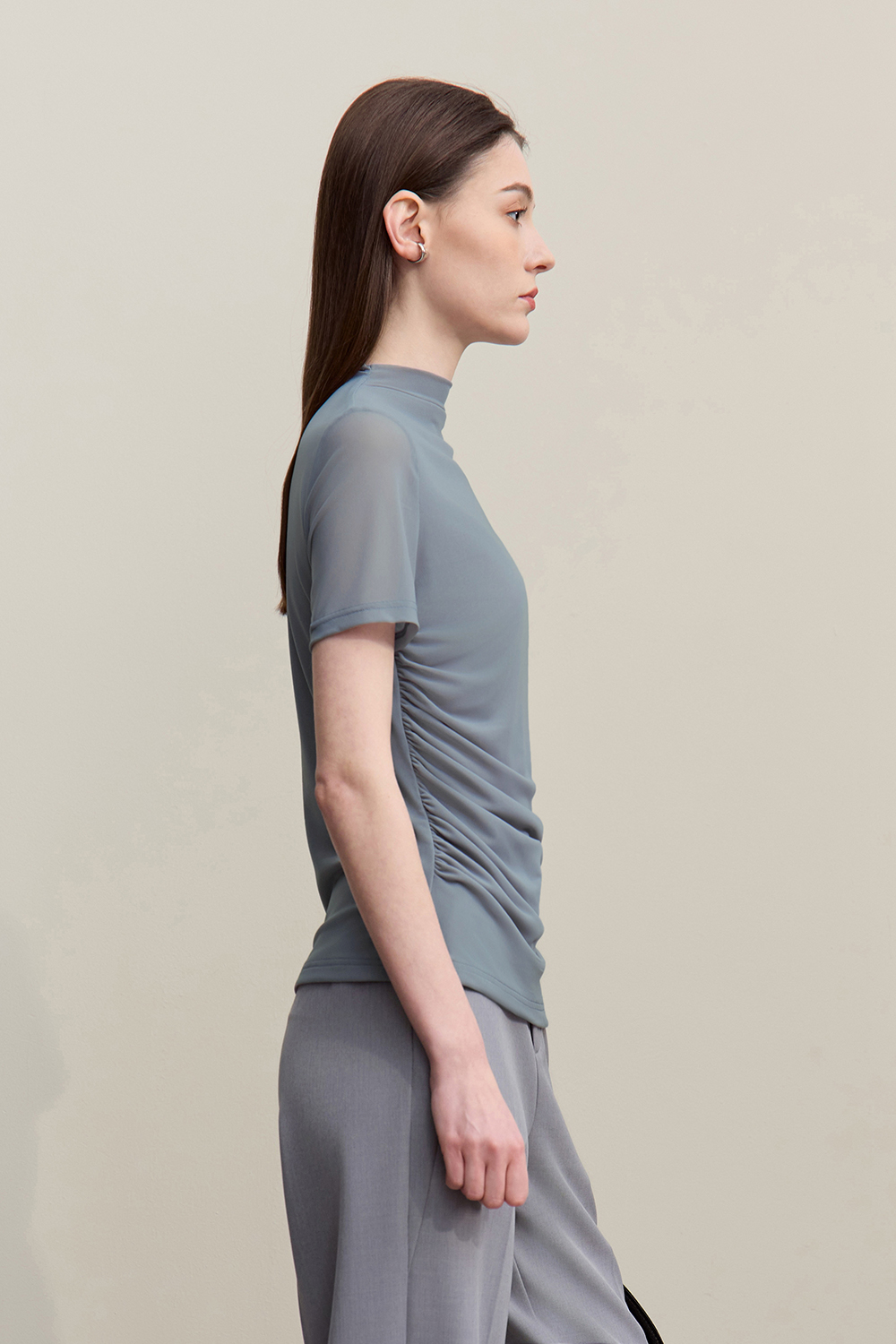 Mock Neck Mesh T-Shirt|AMII